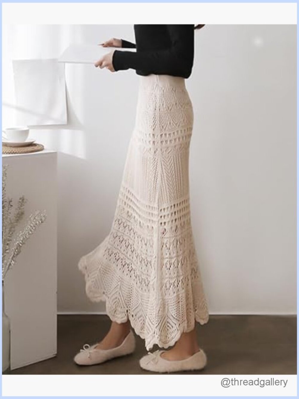 Crochet Knitted High Waist Hollow Out Lined Flowy Lace Maxi Skirt - Picture 4 of 7
